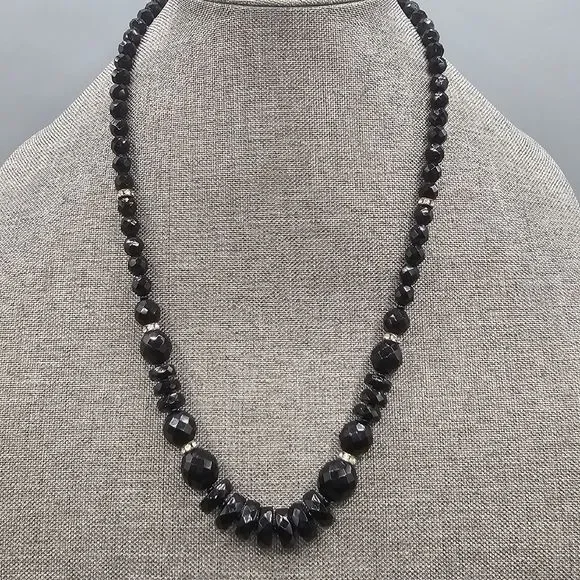 Black Glass Bead Necklace Facet Cut Rhinestone Rondelle Lobster Clasp 24" - Picture 1 of 10